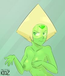 blonde_hair breasts covering covering_one_breast female forehead_jewel frown gem_(species) green_eyes green_skin inverted_nipples nipples nude peridot_(steven_universe) retrokidz simple_background solo steven_universe visor