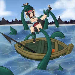 1girls arms_up blush boat breasts breasts_out brown_eyes brown_hair choker clothed_sex clothing female green_tentacles harpoon large_breasts long_hair lun nipples open_clothes open_mouth penetration rape restrained santystuff short spread_legs suikoden suikoden_v suspension tentacle toeless_legwear torn_clothes torn_shorts vaginal_penetration water wide_eyed