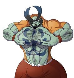 1boy abs ass bara beard big_ass big_pecs bulge bushy_eyebrows darumacho hairy hairy_arms hairy_chest hyper looking_down male male_only muscles muscular pale_skin pants pubes smiling solo squeezing tagme the_purple_wolf_guy wristbands yo-kai_watch