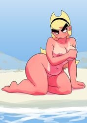 aged_up beach black_eyes blonde_hair blush breasts cartoon_network fat_mons female hairband human long_hair mandy_(billy_and_mandy) navel nipples older outside pale_skin public solo sunburn the_grim_adventures_of_billy_and_mandy whatsalewd