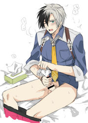 cum erection looking_at_viewer ludger_will_kresnik male_only masturbation multicolored_hair penis tagme tales_of_(series) tissue