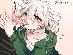 2boys blush bottomless censored cum cum_on_face danganronpa danganronpa_2:_goodbye_despair drooling fellatio hair hinata_hajime hoshihuri male male_only multiple_boys nagito_komaeda oral penis saliva silver_hair straight_hair yaoi