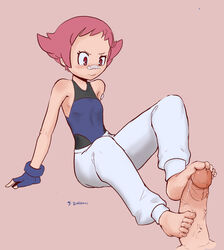 artist_name bandaid bandaid_on_nose bard-bot barefoot feet female fingerless_gloves flat_chest foot_fetish footjob full_body gloves gym_leader highres human human_only male maylene_(pokemon) penis pink_hair pokemon pokemon_dppt raised_eyebrow red_eyes short_hair short_pink_hair signature smile straight veins veiny_penis