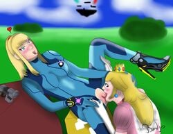 2girls ?_block bandijones blonde_hair blue_eyes bodysuit clothed crossover cunnilingus dress female female_only gloves hair high_heels mario_(series) metroid multiple_girls nintendo oral outdoors ponytail princess_peach rocket_heels samus_aran spread_legs super_mario_bros. super_smash_bros. tied_hair tongue yuri zero_suit zero_suit_samus