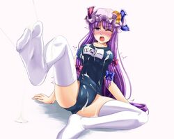 blush breasts cum feet female long_hair one_eye_closed pandora_(angelfeather-heart) patchouli_knowledge purple_eyes purple_hair touhou