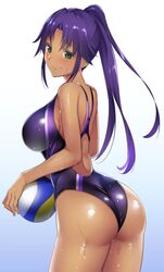 1girls ass asuka_(dream_c_club_zero) back bangs big_breasts blush breasts competition_swimsuit dark-skinned_female dark_skin dat_ass dream_c_club_zero female green_eyes impossible_clothes impossible_swimsuit large_breasts long_hair mole mole_under_eye one-piece_swimsuit ponytail purple_hair shiny shiny_skin simple_background skin_tight smile solo swimsuit tied_hair tomohiro_kai volleyball wet