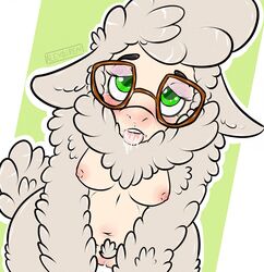 2016 alexdiren anthro blush breasts caprine cum cum_on_face dawn_bellwether disney eyewear female glasses green_eyes mammal medium_breasts nipples nude pussy pussy_juice sheep solo zootopia