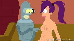 accurate_art_style bender_bending_rodriguez big_breasts breasts casual female futurama gp375 human male nipples pale_skin purple_hair robot turanga_leela