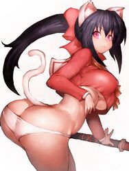 1girls :3 animal_ears ass black_hair breasts butt_crack cat_ears cat_tail covered_nipples cute_fang erect_nipples female fumio_(rsqkr) hand_on_weapon himari_noihara_(omamori_himari) huge_ass katana large_breasts leaning_forward light_smile long_hair looking_at_viewer omamori_himari panties pink_eyes ponytail simple_background slit_pupils smile solo sword tail thick_thighs thighs tied_hair underboob underwear weapon white_background white_panties