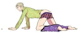 1boy ass blonde_hair blush bottomless crawling diamond_is_unbreakable full_body jojo's_bizarre_adventure male male_only muscle muscles solo tagme u_(lastcrime) undressing yoshikage_kira