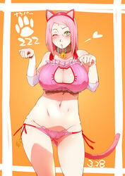 alternate_breast_size bell bell_collar big_breasts boruto:_naruto_next_generations cat_ear_panties cat_ears cat_keyhole_bra cat_lingerie collar female female_only green_eyes huge_breasts human large_breasts milf naruto pink_hair sakura_haruno sunahara_wataru tail