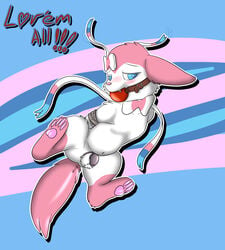 abstract_background arms_tied ball_gag balls blush bound canine chastity chastity_cage chastity_device cute_fangs eeveelution english_text feral flaccid furry gag hands_behind_back looking_away male male_chastity male_only mammal navel nintendo pawpads penis pokemon quadruped skunket spread_legs spreading sylveon text video_games