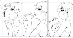 bare_shoulders caressing_testicles closed_eyes comic elf erection fellatio female handjob heart kaleina_(ricegnat) kerasu licking long_hair male_pubic_hair monochrome oral original penis penis_kiss pointy_ears pubic_hair ricegnat solo_focus straight testicles tongue tongue_out two-handed_handjob uncensored work_in_progress