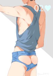 1boy against_wall ass ass_cleavage ass_cutout black_hair butt_crack karamatsu_no male_only matsuno_karamatsu muscle nipples osomatsu-kun osomatsu-san solo sweat tagme undressing