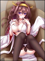 ahoge anus bare_shoulders black_legwear blush box bra bra_pull breasts brown_hair cardboard_box covered_nipples erect_nipples female finger_licking hair_intakes hairband highres in_box in_container kantai_collection kongou_(kantai_collection) large_breasts licking looking_at_viewer nail_polish nontraditional_miko panties panty_pull purple_eyes purple_nails skirt solo thighhighs tongue tongue_out underwear white_bra white_panties wide_sleeves yoye_(pastel_white)