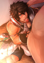 2boys bara blush brown_hair censored clothing erection fellatio hair licking male male_only multiple_boys muscles oral oral_sex penis pubic_hair samurai_warriors sengoku_basara sengoku_musou shimazu_toyohisa yaoi