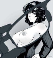 breasts dress female fubuki_(one-punch_man) hand_on_hip kidetic kusujinn large_breasts looking_at_viewer monochrome nipples one-punch_man short_hair solo_focus voyeur x-ray_glasses x-ray_vision