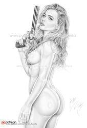 actress armando_huerta ass bare_shoulders breasts celebrity chloe_grace_moretz eyelashes female female_only gun human large_breasts legs lips long_hair looking_at_viewer monochrome nipples revolver sideboob solo tagme thighhighs watermark weapon