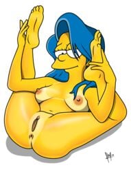 1girls anus areola badbrains blue_hair breasts female female_only hair_down human long_hair looking_at_viewer marge_simpson nipples pussy shaved_pussy solo tanline the_simpsons