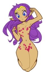 bad_censor censored covered covered_nipples covering_crotch dark_skin female flower_petals nude pointy_ears purple_hair rose_petals shantae shantae_(character)