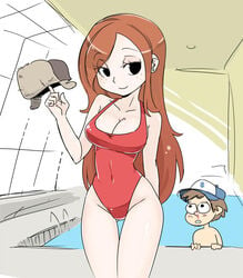 1boy age_difference blood blush blush_lines breasts brown_hair cleavage dipper_pines disney disney_channel duo ear_piercing eyelashes female gravity_falls human indoors large_breasts lifeguard light-skinned_male looking_at_viewer male nosebleed older_female one-piece_swimsuit pale-skinned_female pine_tree_(symbol) pool poolside red_hair redhead shepherd0821 smile smooth_skin standing swimsuit that_pool thigh_gap wendy_corduroy younger_male