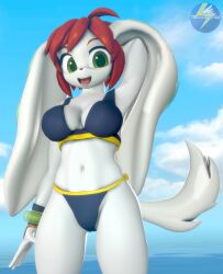 tbwinger92 3d freedom_planet freedom_planet_2 anthro video_games female female_protagonist big_breasts thick_thighs looking_at_viewer bikini beach canine milla_basset