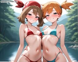 2girls ai_generated belly_button bikini bikini_bottom bikini_top blue_eyes blush blush_lines breasts brown_hair grabbing_waist haruka_(pokemon) kasumi_(pokemon) lake lesbian may_(pokemon) misty_(pokemon) petite petite_body petite_breasts petite_female petite_girl petite_tits pokemon pokemon_(anime) pokemon_frlg pokemon_lgpe pokemon_oras pokemon_rgby pokemon_rse pokemon_trainer red_hair shiny_skin skinny skinny_female small_breasts smirk smirking smirking_at_viewer wet wet_skin