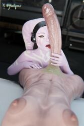 3d athletic_futa female foreskin futa_on_female futanari licking_penis licking_shaft long_penis looking_at_viewer lozun_elongia lyra_(twilekbootyy) pink_skin pov pubic_hair shaft_licking star_wars veiny_penis white_tattoo yeetiques