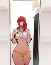 1girls ai_generated bow_panties chainsaw_man female female_only lace lace-trimmed_panties lace_trim lineup lowleg lowleg_panties makima_(chainsaw_man) mirror mirror_selfie neutral_expression no_bra no_nipples one_breast_out orange_eyes panties phone red_eyes red_hair selfie shirt_and_panties shirt_lift solo t-shirt t-shirt_lift two-tone_eyes yellow_panties zloimakak