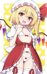 1female 1girl 1girls blonde blonde-haired_female blonde_female blonde_hair blonde_hair_female flandre_scarlet image light-skinned_female light_skin mob_cap red_eyes rizento simple_background tagme thighhighs touhou touhou_project vampire vampire_girl wings