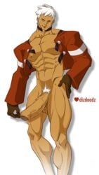 1boy abs artist_name bara bottomless dizdoodz earrings facial_hair heart human jacket king_of_fighters male male_only muscle neckband nipples pecs penis pubic_hair snk solo text uncut watermark yashiro_nanakase