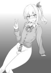absurdres akiyama_mizuki blush bow bowtie commentary_request highres kamiyama_high_school_uniform_(project_sekai) long_sidelocks long_sleeves no_pants penis project_sekai school_uniform sidelocks simple_background solo testicles trans_woman transfem v wuwusan