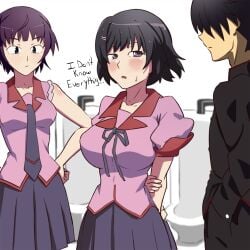 veko_draw_friendo commission senjougahara_hitagi hanekawa_tsubasa araragi_koyomi 2girls 1boy english_text english english_dialogue short_hair purple_hair black_hair hair_ornament hair_accessory toilet standing looking_sideways hands_on_hips hand_on_hip sleeveless tie school_uniform schoolgirl schoolboy skirt medium_breasts large_breasts collarbone blue_eyes purple_eyes ribbon arms_behind_back hands_in_pockets faceless_male blush blushing sweatdrop short_sleeves monogatari_(series)