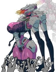 1girls 4_arms 6_arms black_bra black_elbow_gloves black_gloves black_panties black_thighhighs black_thong boobs breast_grab breasts choker curvaceous curvaceous_female curvaceous_figure elbow_gloves faceless faceless_character faceless_female faceless_robot faceless_robot_female female female_focus flower_bra flower_pattern giantess gloves horus_gorgon hourglass_figure hourglass_figured_female huge_breasts laced_bra laced_panties lancer_(massif_press) large_breasts larger_female lingerie massiff_press mecha mechanical muscular panties pink_body robot robot_girl sinfullsaint text thighhighs thong touching_breast
