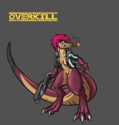 alorix bottomless breasts cigar clothed clothing dinosaur feathers female overkill pussy scalie solo thick_tail