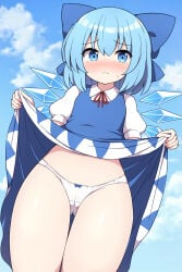 1female 1girl 1girls blue_bow blue_eyes blue_hair cameltoe cirno image light-skinned_female light_skin presenting_panties rizento simple_background tagme touhou touhou_project wings