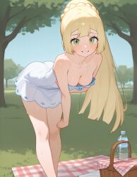 ai_generated bare_legs bare_shoulders blonde_female cleavage focus_on_chest green_eyes ia_generated lillie_(pokemon) long_hair outdoors picnic pokemon ponytail short_dress slutty_dress slutty_female small_breasts summer_dress sweating temptation tempting_viewer