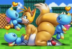 ai_generated big_ass big_belly big_sub_small_top blue_body chao_(sonic) cumflation day daytime fox furry gangbang male_only miles_prower miles_tails_prower mobian_(species) multiple_penetration outdoors outside sex small_dom_big_sub sonic_(series) sonic_the_hedgehog_(series) tails_the_fox thick_thighs tiny_balls tiny_penis wide_hips yellow_fur