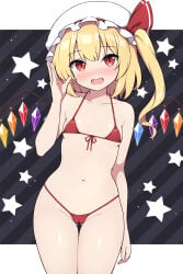 1female 1girl 1girls blonde blonde-haired_female blonde_female blonde_hair blonde_hair_female flandre_scarlet image light-skinned_female light_skin mob_cap red_eyes rizento simple_background tagme touhou touhou_project vampire vampire_girl wings