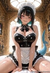 ai_generated kermixx 1girl breasts looking_at_viewer blush smile short_hair bangs large_breasts black_hair 1boy dress bow cleavage bare_shoulders tail hetero heart multicolored_hair sweat frills food teeth solo_focus shiny indoors bowtie apron black_dress two-tone_hair aqua_eyes wet shiny_skin maid maid_headdress black_bow detached_collar pov watermark facial_mark mouth_hold straddling sharp_teeth waist_apron black_bowtie colored_inner_hair fish_tail implied_sex shark_tail