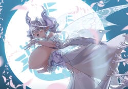 1girl blush breasts_out demon_girl demon_horns duel_monster labrynth_of_the_silver_castle large_breasts laughing lovely_labrynth_of_the_silver_castle misudoasuk moonlight mostly_clothed public_nudity silver_eyes silver_hair yu-gi-oh!