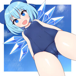 1female 1girl 1girls blue_bow blue_eyes blue_hair cameltoe cirno image light-skinned_female light_skin rizento simple_background swimsuit swimwear tagme touhou touhou_project wings
