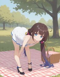 ai_generated bare_legs bare_shoulders brown_hair cleavage focus_on_chest hinatsuru_ai ia_generated long_hair outdoors picnic short_dress slutty_dress slutty_female small_breasts summer_dress sweating temptation tempting_viewer twintails