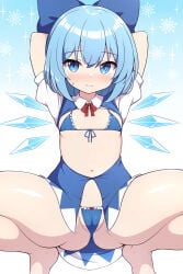1female 1girl 1girls arms_up blue_bow blue_eyes blue_hair cirno image legs legs_apart legs_spread light-skinned_female light_skin panties presenting_panties rizento simple_background tagme touhou touhou_project wings