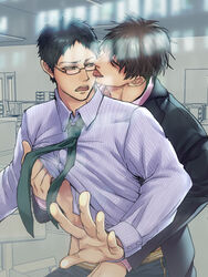 2boys glasses junpei_hyuga kissing kiyoshi_teppei kuroko_no_basuke licking male_only multiple_boys necktie public shiru_(pepeelotion) tongue undressing yaoi