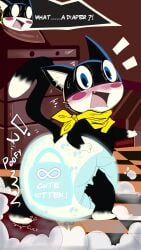 ambiguous_gender anthro atlus big_diaper black_body black_fur black_tail blue_diaper blush blush_stickers bodily_fluids checkered checkered_floor clean_diaper clothed clothing cutaway cute_fangs detailed_background dialogue diaper domestic_cat exclamation_point expression_cutaway fangs felid feline felis fur gloves_(marking) hand_on_butt hand_on_diaper huge_diaper infinity_symbol inner_ear_fluff inside kerchief lock_symbol locked_diaper looking_back mammal markings megami_tensei morgana_(persona) multicolored_body multicolored_tail neckerchief neckwear no_pupils open_mouth permanent persona_(series) persona_5 sega shocked solo sound_effects srbunny649 sweat sweatdrop symbol tail teeth text touching_diaper trap_(contrivance) tuft tuxedo_cat wearing_diaper white_body white_fur white_inner_ear white_tail yellow_kerchief yellow_neckerchief