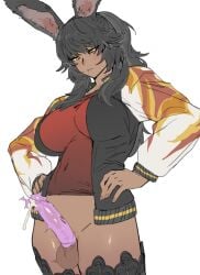 1girl bad_id bad_twitter_id black_hair black_thighhighs blush bottomless breasts broken_condom cameltoe censored closed_mouth collarbone commentary condom condom_on_penis covered_navel cum dark-skinned_female dark_skin ejaculation erection ettone final_fantasy final_fantasy_xiv fingernails flame_print futanari grey_background half-closed_eyes hands_on_own_hips highres jacket large_breasts long_hair mole mole_under_mouth open_clothes open_jacket penis shiny_skin simple_background solo testicles thighhighs uncensored variant_set viera warrior_of_light_(ff14) yellow_eyes