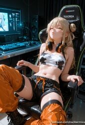 piper_wheel ai_generated kermixx zenless_zone_zero 1girl solo long_hair breasts blush smile bangs blonde_hair thighhighs navel hair_between_eyes bare_shoulders medium_breasts sitting closed_mouth green_eyes sidelocks sweat boots shorts midriff shiny indoors tongue_out stomach hair_bun black_footwear lips shiny_skin short_shorts double_bun headphones chair black_shorts animal_print cow_print tube_top headphones_around_neck monitor keyboard office_chair