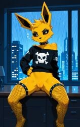 1girls 2026 ai_generated anthro bare_shoulders bottomless bottomless_female brown_eyes city dark_room desk digitigrade eeveelution eyeshadow female female_only fishnet_legwear fishnets flat_chest generation_1_pokemon half-closed_eyes hand_on_hip hi_res indoors innie_pussy jolteon nintendo off_shoulder pokemon pokemon_(species) punk punk_girl pussy raining sitting smile smug smug_smile spiked_collar spread_legs sweater yellow_body yellow_fur zonoya_(artist)