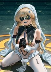wuthering_waves phoebe_(wuthering_waves) abscord 1girls bar_censor bare_shoulders black_gloves corruption dark_persona kneeling blue_lipstick eyes_covered eye_mask solo blonde_hair blindfold midriff lipstick pelvic_curtain thighhighs